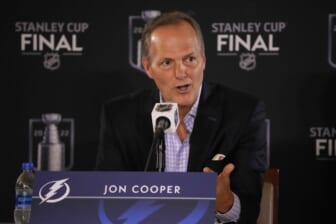 Jun 14, 2022; Denver, Colorado, USA; Tampa Bay Lightning head coach Jon Cooper speaks during media day for the 2022 Stanley Cup Final at Ball Arena. Mandatory Credit: Ron Chenoy-USA TODAY Sports