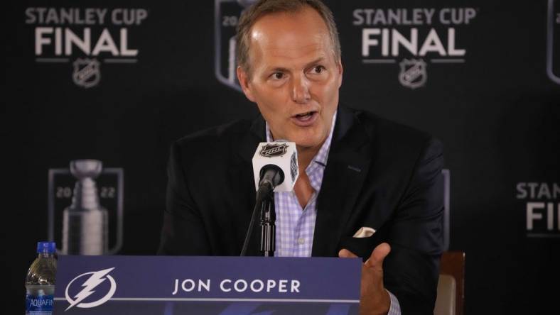 Jun 14, 2022; Denver, Colorado, USA; Tampa Bay Lightning head coach Jon Cooper speaks during media day for the 2022 Stanley Cup Final at Ball Arena. Mandatory Credit: Ron Chenoy-USA TODAY Sports