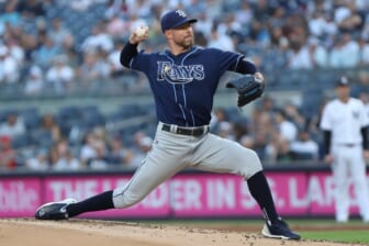 Jun 14, 2022; Bronx, New York, USA; Tampa Bay Rays starting pitcher Corey Kluber (28) pitches the ball against the New York Yankees during the first inning at Yankee Stadium. Mandatory Credit: Tom Horak-USA TODAY Sports