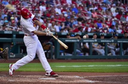 Jun 14, 2022; St. Louis, Missouri, USA;  St. Louis Cardinals first baseman Paul Goldschmidt (46) hits a three run home run for his second home run of the game against the Pittsburgh Pirates during the second inning at Busch Stadium. Mandatory Credit: Jeff Curry-USA TODAY Sports