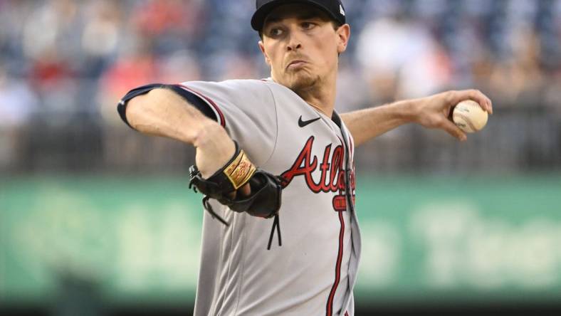 Jun 14, 2022; Washington, District of Columbia, USA; Atlanta Braves starting pitcher Max Fried (54) throws to the Washington Nationals during the first inning at Nationals Park. Mandatory Credit: Brad Mills-USA TODAY Sports