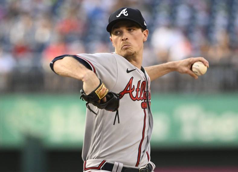 Jun 14, 2022; Washington, District of Columbia, USA; Atlanta Braves starting pitcher Max Fried (54) throws to the Washington Nationals during the first inning at Nationals Park. Mandatory Credit: Brad Mills-USA TODAY Sports
