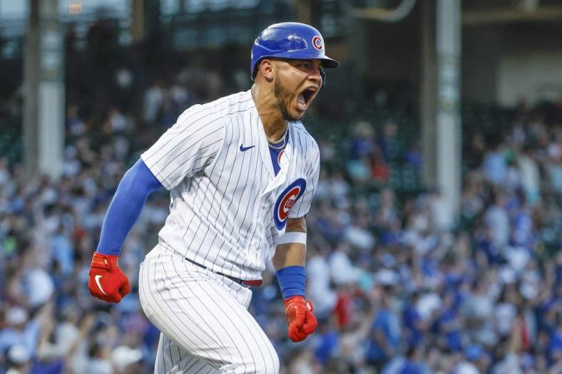 Jun 14, 2022; Chicago, Illinois, USA; Chicago Cubs catcher Willson Contreras (40) celebrates after hitting a two-run home run against the San Diego Padres during the third inning at Wrigley Field. Mandatory Credit: Kamil Krzaczynski-USA TODAY Sports
