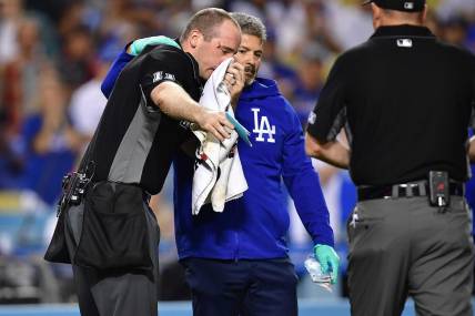 Jun 14, 2022; Los Angeles, California, USA; Home plate umpire Nate Tomlinson is helped by Los Angeles Dodgers trainer Nate Lucero after being hit by the bat of Los Angeles Angels center fielder Mike Trout (27) during the ninth inning at Dodger Stadium. Mandatory Credit: Gary A. Vasquez-USA TODAY Sports