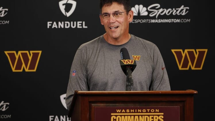 Jun 15, 2022; Ashburn, Virginia, USA; Washington Commanders head coach Ron Rivera speaks with the media after practice on day two of minicamp at The Park. Mandatory Credit: Geoff Burke-USA TODAY Sports