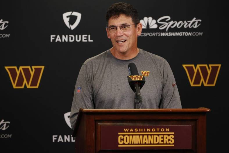 Jun 15, 2022; Ashburn, Virginia, USA; Washington Commanders head coach Ron Rivera speaks with the media after practice on day two of minicamp at The Park. Mandatory Credit: Geoff Burke-USA TODAY Sports