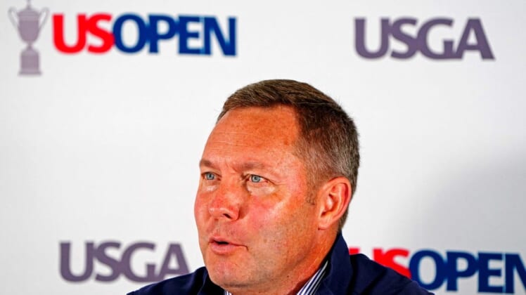 Jun 15, 2022; Brookline, Massachusetts, USA; USGA ceo Mike Whan speaks during a press conference during a practice round of the U.S. Open golf tournament at The Country Club. Mandatory Credit: John David Mercer-USA TODAY Sports