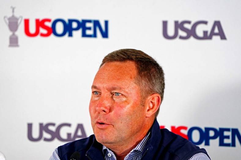 Jun 15, 2022; Brookline, Massachusetts, USA; USGA ceo Mike Whan speaks during a press conference during a practice round of the U.S. Open golf tournament at The Country Club. Mandatory Credit: John David Mercer-USA TODAY Sports
