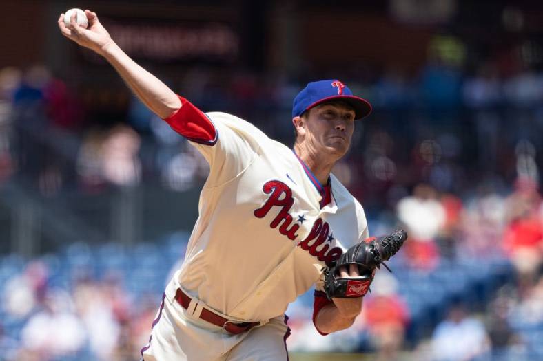 Jun 15, 2022; Philadelphia, Pennsylvania, USA; Philadelphia Phillies starting pitcher Kyle Gibson (44) throws a pitch during the third inning against the Miami Marlins at Citizens Bank Park. Mandatory Credit: Bill Streicher-USA TODAY Sports