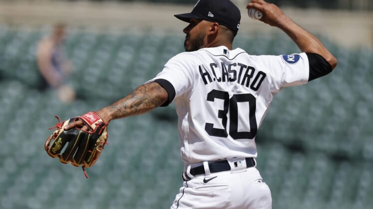Jun 15, 2022; Detroit, Michigan, USA; Detroit Tigers shortstop Harold Castro (30) pitches in the seventh inning against the Chicago White Sox at Comerica Park. Mandatory Credit: Rick Osentoski-USA TODAY Sports