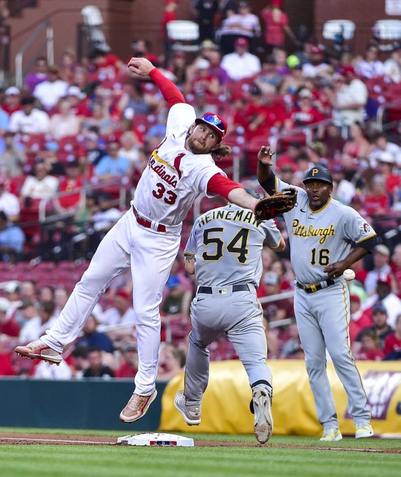 Jun 15, 2022; St. Louis, Missouri, USA;  St. Louis Cardinals first baseman Brendan Donovan (33) leaps for a high throw but is unable to force out Pittsburgh Pirates catcher Tyler Heineman (54) during the second inning at Busch Stadium. Mandatory Credit: Jeff Curry-USA TODAY Sports
