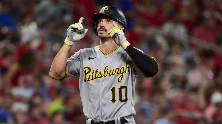 Jun 15, 2022; St. Louis, Missouri, USA;  Pittsburgh Pirates center fielder Bryan Reynolds (10) reacts after hitting a two run home run against the St. Louis Cardinals during the seventh inning at Busch Stadium. Mandatory Credit: Jeff Curry-USA TODAY Sports