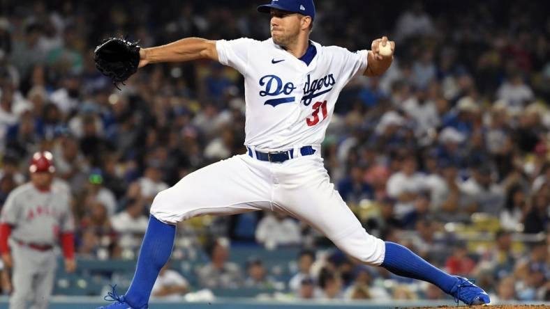 Jun 15, 2022; Los Angeles, California, USA;  Los Angeles Dodgers starting pitcher Tyler Anderson (31) pitches in the eighth inning against the Los Angeles Angels at Dodger Stadium. Mandatory Credit: Richard Mackson-USA TODAY Sports