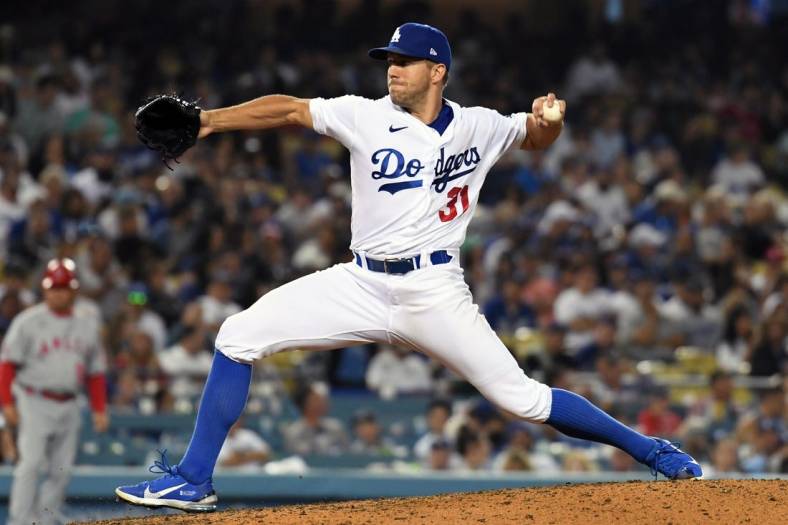 Jun 15, 2022; Los Angeles, California, USA;  Los Angeles Dodgers starting pitcher Tyler Anderson (31) pitches in the eighth inning against the Los Angeles Angels at Dodger Stadium. Mandatory Credit: Richard Mackson-USA TODAY Sports