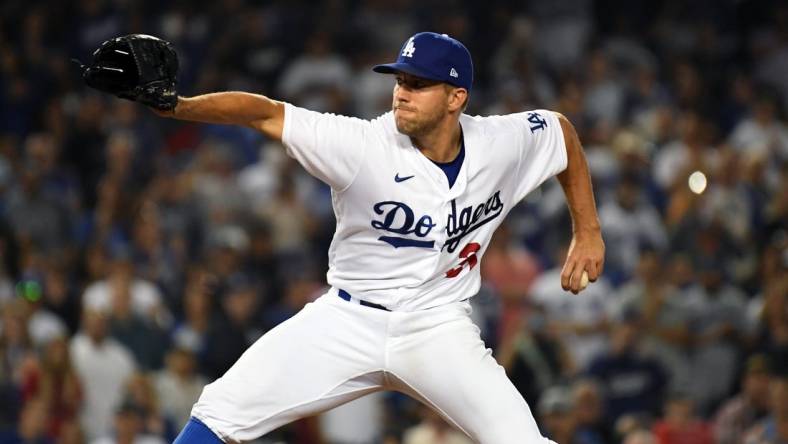 Jun 15, 2022; Los Angeles, California, USA;  Los Angeles Dodgers starting pitcher Tyler Anderson (31) pitches in the eighth inning against the Los Angeles Angels at Dodger Stadium. Mandatory Credit: Richard Mackson-USA TODAY Sports