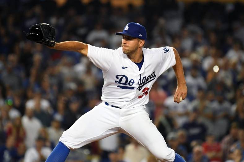 Jun 15, 2022; Los Angeles, California, USA;  Los Angeles Dodgers starting pitcher Tyler Anderson (31) pitches in the eighth inning against the Los Angeles Angels at Dodger Stadium. Mandatory Credit: Richard Mackson-USA TODAY Sports