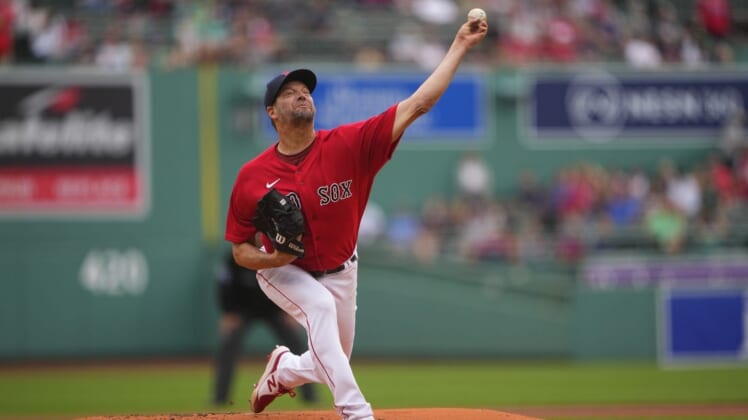 Jun 16, 2022; Boston, Massachusetts, USA; Boston Red Sox pitcher Rich Hill (44) delivers a pitch against the Oakland Athletics during the first inning at Fenway Park. Mandatory Credit: Gregory Fisher-USA TODAY Sports