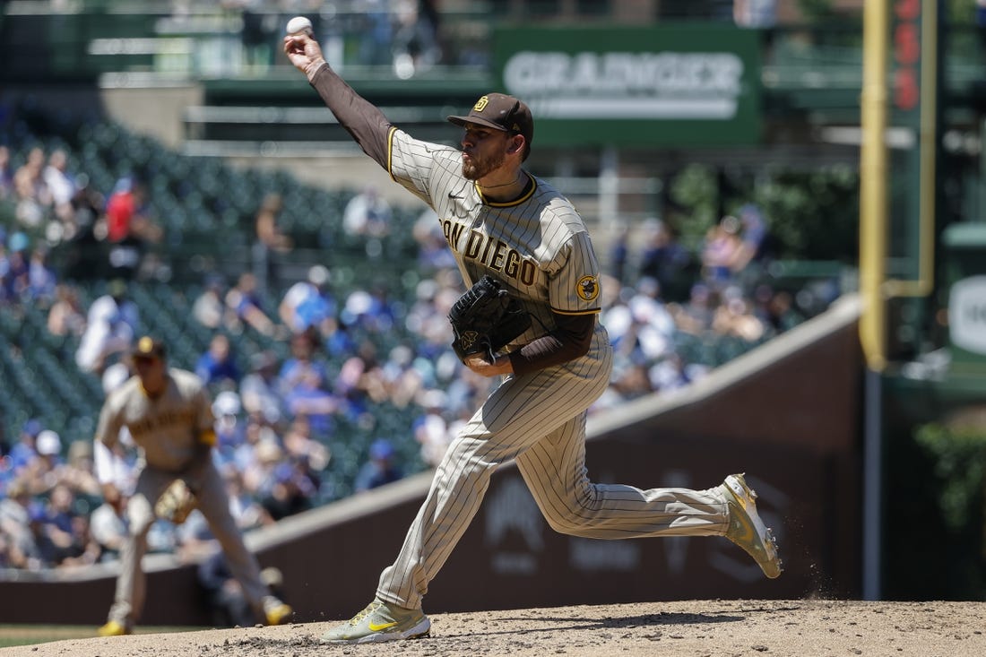 Jun 16, 2022; Chicago, Illinois, USA; San Diego Padres starting pitcher Joe Musgrove (44) delivers against the Chicago Cubs during the second inning at Wrigley Field. Mandatory Credit: Kamil Krzaczynski-USA TODAY Sports