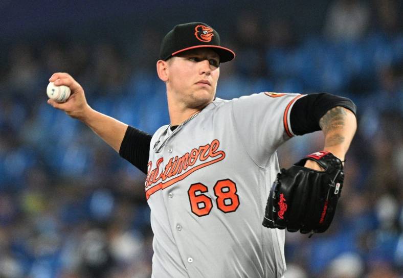 Jun 16, 2022; Toronto, Ontario, CAN; Baltimore Orioles starting pitcher Tyler Wells (68) delivers a pitch against the Toronto Blue Jays in the fourth inning at Rogers Centre. Mandatory Credit: Dan Hamilton-USA TODAY Sports