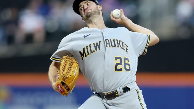 Jun 16, 2022; New York City, New York, USA; Milwaukee Brewers relief pitcher Aaron Ashby (26) pitches against the New York Mets during the first inning at Citi Field. Mandatory Credit: Brad Penner-USA TODAY Sports