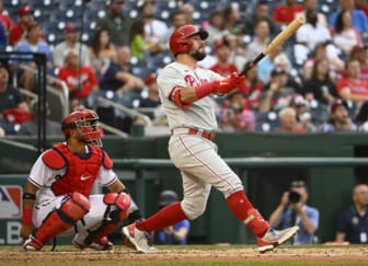 Jun 16, 2022; Washington, District of Columbia, USA; Philadelphia Phillies left fielder Kyle Schwarber (12) hits a two run home run against the Washington Nationals during the third inning at Nationals Park. Mandatory Credit: Brad Mills-USA TODAY Sports
