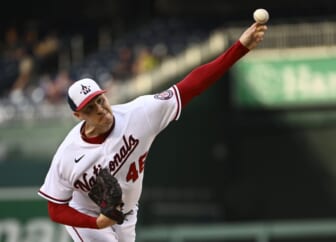 Jun 16, 2022; Washington, District of Columbia, USA; Washington Nationals starting pitcher Patrick Corbin (46) throws to the Philadelphia Phillies during the first inning at Nationals Park. Mandatory Credit: Brad Mills-USA TODAY Sports
