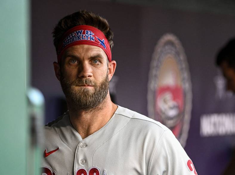 Jun 16, 2022; Washington, District of Columbia, USA; Philadelphia Phillies designated hitter Bryce Harper (3) in the dugout before the game against the Washington Nationals at Nationals Park. Mandatory Credit: Brad Mills-USA TODAY Sports
