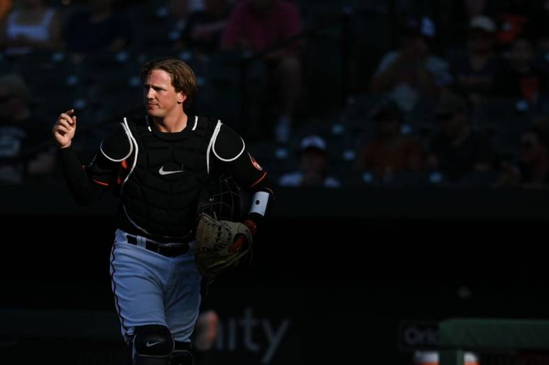 Jun 17, 2022; Baltimore, Maryland, USA;  Baltimore Orioles designated hitter Adley Rutschman (35) walks to home plate during the second inning against the Tampa Bay Rays at Oriole Park at Camden Yards. Mandatory Credit: Tommy Gilligan-USA TODAY Sports