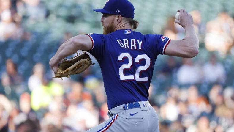 Jun 17, 2022; Detroit, Michigan, USA; Texas Rangers starting pitcher Jon Gray (22) pitches in the second inning against the Detroit Tigers at Comerica Park. Mandatory Credit: Rick Osentoski-USA TODAY Sports