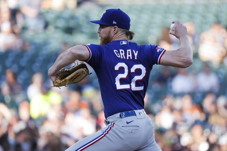 Jun 17, 2022; Detroit, Michigan, USA; Texas Rangers starting pitcher Jon Gray (22) pitches in the second inning against the Detroit Tigers at Comerica Park. Mandatory Credit: Rick Osentoski-USA TODAY Sports