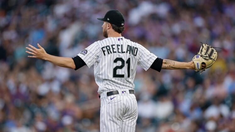 Jun 17, 2022; Denver, Colorado, USA; Colorado Rockies starting pitcher Kyle Freeland (21) reacts after a call in the fifth inning against the San Diego Padres at Coors Field. Mandatory Credit: Isaiah J. Downing-USA TODAY Sports