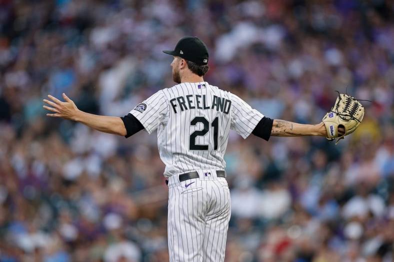 Jun 17, 2022; Denver, Colorado, USA; Colorado Rockies starting pitcher Kyle Freeland (21) reacts after a call in the fifth inning against the San Diego Padres at Coors Field. Mandatory Credit: Isaiah J. Downing-USA TODAY Sports