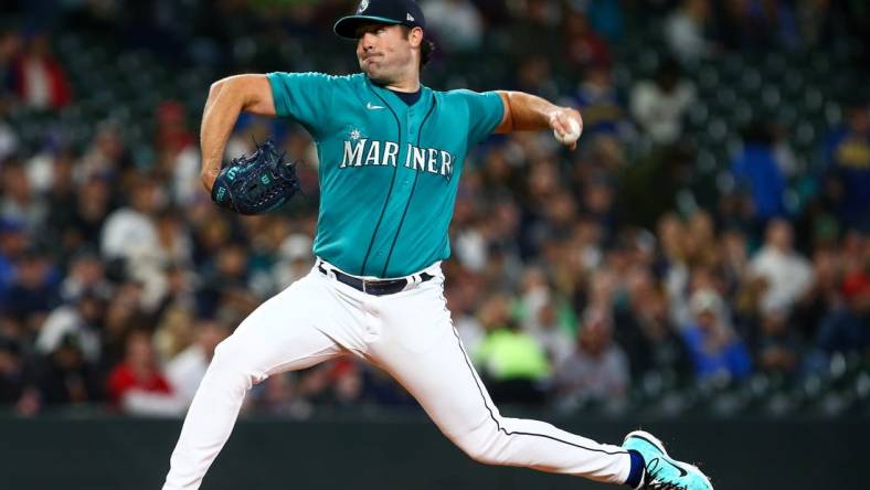 Jun 17, 2022; Seattle, Washington, USA; Seattle Mariners starting pitcher Robbie Ray (38) pitches against the Los Angeles Angels during the first inning at T-Mobile Park. Mandatory Credit: Lindsey Wasson-USA TODAY Sports