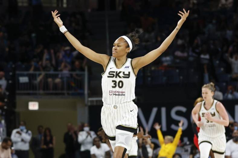 Jun 17, 2022; Chicago, Illinois, USA; Chicago Sky forward Azura Stevens (30) reacts after scoring against the Atlanta Dream during overtime of a WNBA game at Wintrust Arena. Mandatory Credit: Kamil Krzaczynski-USA TODAY Sports