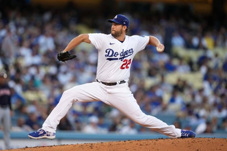 Jun 17, 2022; Los Angeles, California, USA; (Editors Notes: Caption Correction) Los Angeles Dodgers starting pitcher Clayton Kershaw (22) delivers a pitch in the second inning against the Cleveland Guardians at Dodger Stadium. Mandatory Credit: Kirby Lee-USA TODAY Sports