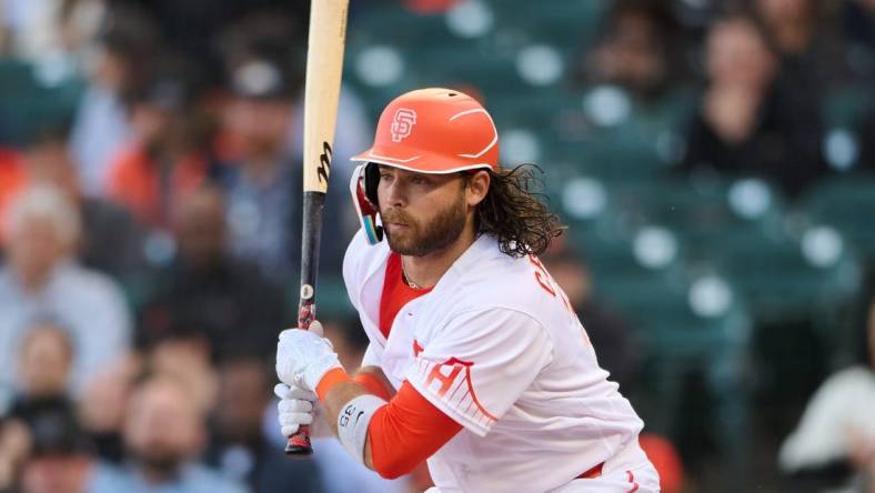 Jun 7, 2022; San Francisco, California, USA; San Francisco Giants shortstop Brandon Crawford (35) batting during the first inning against the Colorado Rockies at Oracle Park. Mandatory Credit: Robert Edwards-USA TODAY Sports