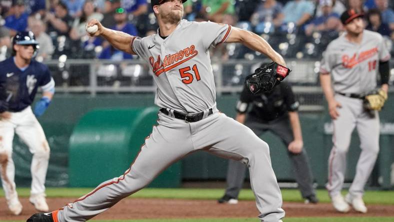 Jun 10, 2022; Kansas City, Missouri, USA; Baltimore Orioles starting pitcher Austin Voth (51) delivers a pitch against the Kansas City Royals during the game at Kauffman Stadium. Mandatory Credit: Denny Medley-USA TODAY Sports