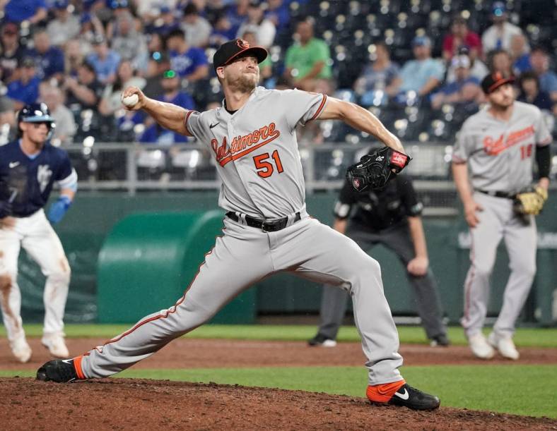 Jun 10, 2022; Kansas City, Missouri, USA; Baltimore Orioles starting pitcher Austin Voth (51) delivers a pitch against the Kansas City Royals during the game at Kauffman Stadium. Mandatory Credit: Denny Medley-USA TODAY Sports