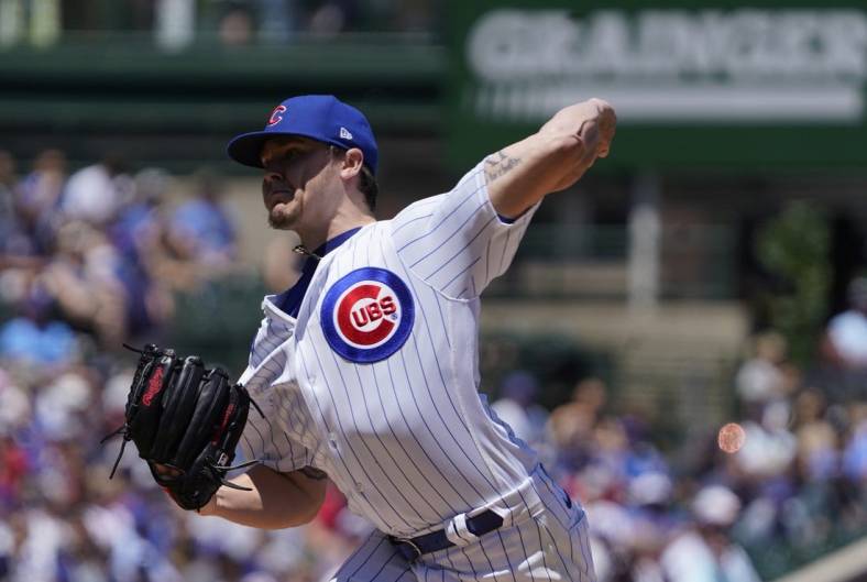 Jun 18, 2022; Chicago, Illinois, USA; Chicago Cubs starting pitcher Justin Steele (35) throws the ball against the Atlanta Braves during the first inning at Wrigley Field. Mandatory Credit: David Banks-USA TODAY Sports