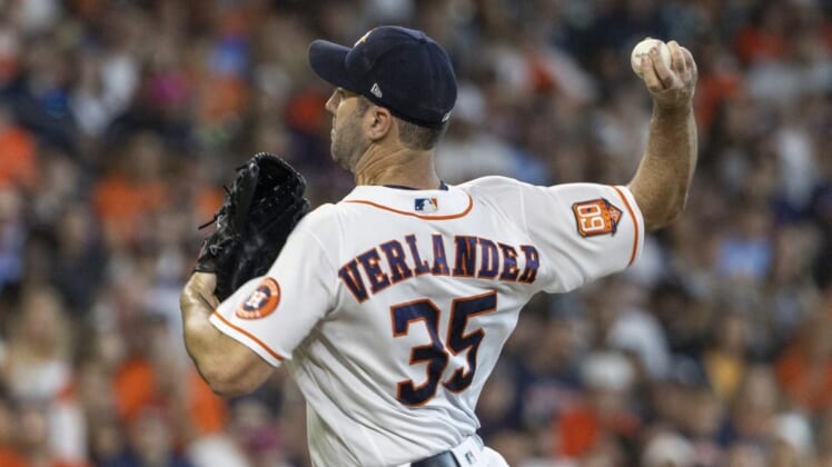 Jun 18, 2022; Houston, Texas, USA; Houston Astros starting pitcher Justin Verlander (35) pitches against the Chicago White Sox in the first inning at Minute Maid Park. Mandatory Credit: Thomas Shea-USA TODAY Sports