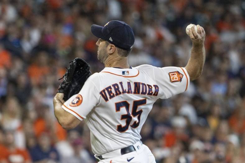 Jun 18, 2022; Houston, Texas, USA; Houston Astros starting pitcher Justin Verlander (35) pitches against the Chicago White Sox in the first inning at Minute Maid Park. Mandatory Credit: Thomas Shea-USA TODAY Sports