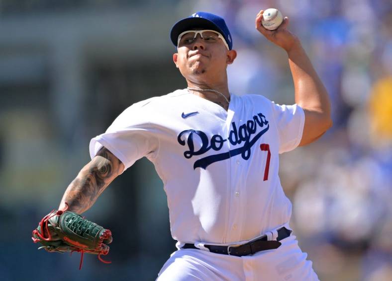 Jun 18, 2022; Los Angeles, California, USA;  Los Angeles Dodgers starting pitcher Julio Urias (7) throw against the Cleveland Guardians in the first inning at Dodger Stadium. Mandatory Credit: Jayne Kamin-Oncea-USA TODAY Sports