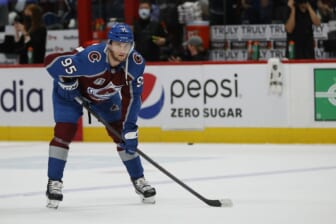 Jun 18, 2022; Denver, Colorado, USA; Colorado Avalanche left wing Andre Burakovsky (95) warms up prior to game two of the 2022 Stanley Cup Final against the Tampa Bay Lightning at Ball Arena. Mandatory Credit: Isaiah J. Downing-USA TODAY Sports