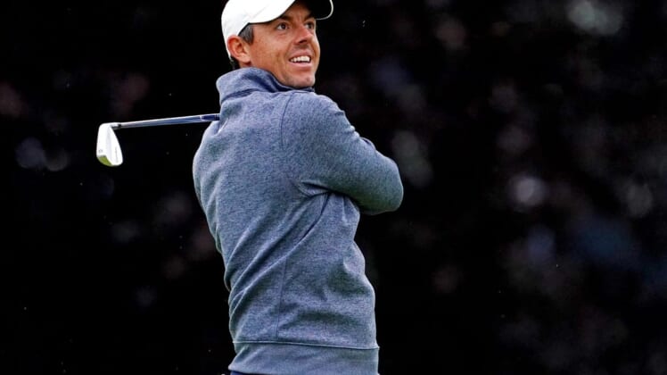 Jun 18, 2022; Brookline, Massachusetts, USA; Rory McIlroy plays his shot from the 16th tee during the third round of the U.S. Open golf tournament. Mandatory Credit: Peter Casey-USA TODAY Sports