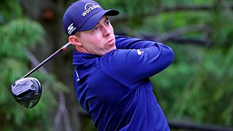 Jun 18, 2022; Brookline, Massachusetts, USA; Matthew Fitzpatrick plays his shot from the 17th tee during the third round of the U.S. Open golf tournament. Mandatory Credit: Peter Casey-USA TODAY Sports