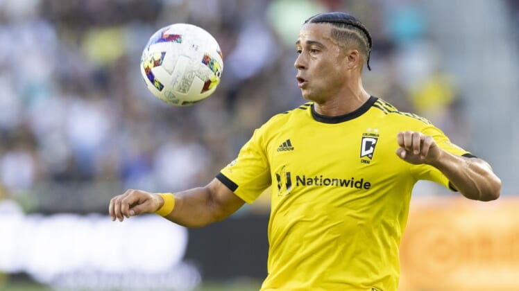Jun 18, 2022; Columbus, Ohio, USA; Columbus Crew forward Erik Hurtado (19) plays the ball out of the air against Charlotte FC in the first half at Lower.com Field. Mandatory Credit: Greg Bartram-USA TODAY Sports