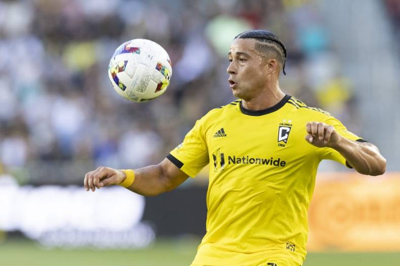 Jun 18, 2022; Columbus, Ohio, USA; Columbus Crew forward Erik Hurtado (19) plays the ball out of the air against Charlotte FC in the first half at Lower.com Field. Mandatory Credit: Greg Bartram-USA TODAY Sports