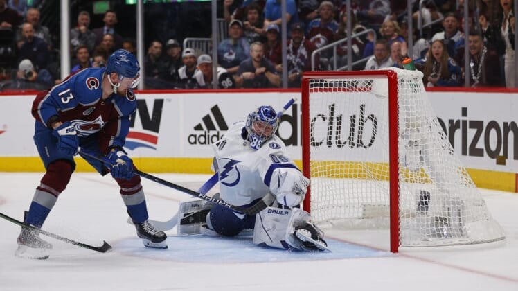 Jun 18, 2022; Denver, Colorado, USA; Tampa Bay Lightning goaltender Andrei Vasilevskiy (88) saves the shot attempt by Colorado Avalanche right wing Valeri Nichushkin (13) during the second period in game two of the 2022 Stanley Cup Final at Ball Arena. Mandatory Credit: Isaiah J. Downing-USA TODAY Sports