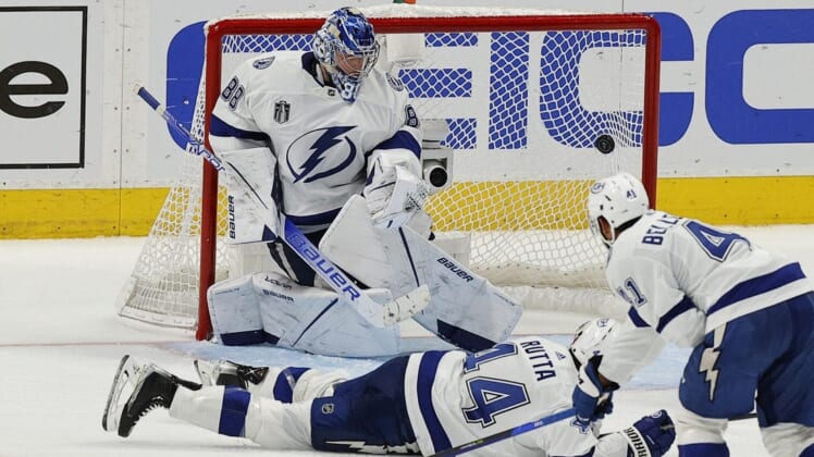 Jun 18, 2022; Denver, Colorado, USA; Tampa Bay Lightning goaltender Andrei Vasilevskiy (88) concedes a goal against the Colorado Avalanche during the second period in game two of the 2022 Stanley Cup Final at Ball Arena. Mandatory Credit: Isaiah J. Downing-USA TODAY Sports