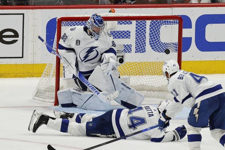 Jun 18, 2022; Denver, Colorado, USA; Tampa Bay Lightning goaltender Andrei Vasilevskiy (88) concedes a goal against the Colorado Avalanche during the second period in game two of the 2022 Stanley Cup Final at Ball Arena. Mandatory Credit: Isaiah J. Downing-USA TODAY Sports